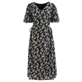 Drawstring Cutout Waist Floral Midi Dress in Black - Retro, Indie and ...