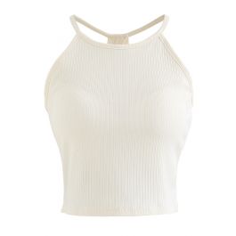Halter Neck Racer Back Ribbed Top in Cream - Retro, Indie and Unique ...