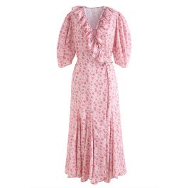 Ruffle Trim V-Neck Floret Chiffon Dress in Pink - Retro, Indie and ...