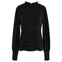 Ruched Front Ruffle Neck Fitted Top in Black - Retro, Indie and Unique ...