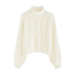 Turtleneck Braid Knit Crop Sweater in Cream - Retro, Indie and Unique ...