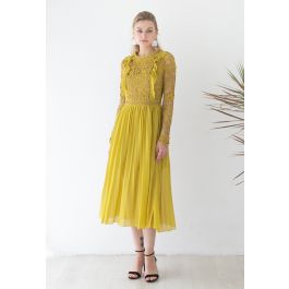 Floral Crochet Chiffon Spliced Pleated Midi Dress in Yellow - Retro ...