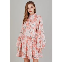 Cutout Back Floral Bubble Sleeve Frilling Dress in Blush - Retro, Indie ...