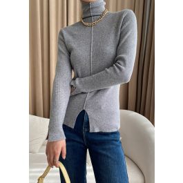 Seam Detail High Neck Slit Knit Top in Grey - Retro, Indie and Unique ...