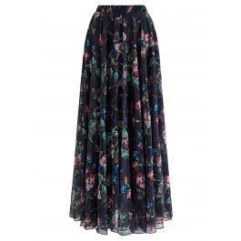 Blooming Carnation Printed Chiffon Maxi Skirt - Retro, Indie and Unique ...