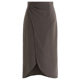 Side Ruching Tulip Hem Midi Skirt in Brown - Retro, Indie and Unique ...