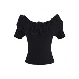 Ruffle Mesh Boat Neck Knit Top in Black - Retro, Indie and Unique Fashion