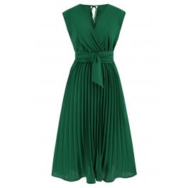 Sash Adorned Pleated Wrap Sleeveless Dress in Green - Retro, Indie and ...