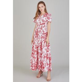 Ebullient Red Flower Printed Maxi Dress - Retro, Indie and Unique Fashion
