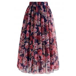 Timeless Peony Mesh Tulle Midi Skirt in Navy - Retro, Indie and Unique ...