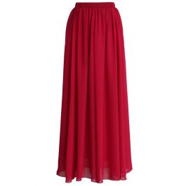 Wine Red Pleated Maxi Skirt