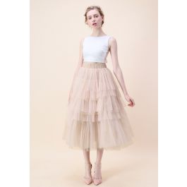 Chicwish Womens Nude Pink/Black Tiered Layered Mesh Ballet Prom Party Tulle Tutu A-line Midi Skirt 