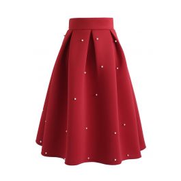 Pearls Bliss Airy Pleated Midi Skirt in Red - Retro, Indie and Unique ...