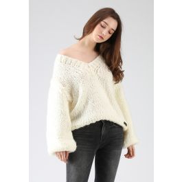 How Deep Is Your Love Hand Knit Chunky Sweater in Ivory - Retro, Indie ...