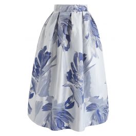 Bauhinia Blossom Jacquard Midi Skirt in Blue - Retro, Indie and Unique ...