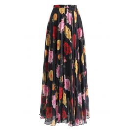 Blooming Rose Watercolor Maxi Skirt in Black - Retro, Indie and Unique ...