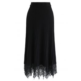 Lace Hem Pleated A-Line Knit Skirt in Black - Retro, Indie and Unique ...