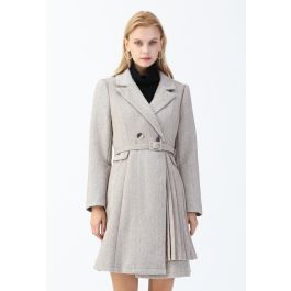 Herringbone Belted Pleated Coat Dress in Sand - Retro, Indie and Unique ...