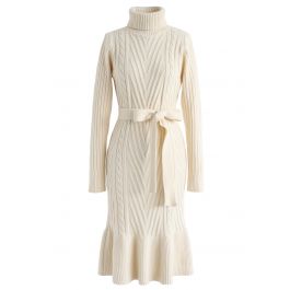 Turtleneck Braid Frilling Knit Dress in Cream - Retro, Indie and Unique ...
