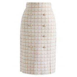 Buttons Decorated Grid Pencil Midi Skirt in Light Tan - Retro, Indie ...