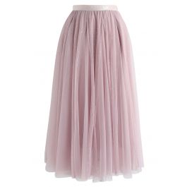 Sequined Double-Layered Mesh Tulle Midi Skirt in Pink - Retro, Indie ...