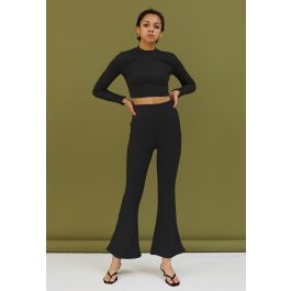 Trendy Soft Crop Top and Flare Pants Set in Black - Retro, Indie