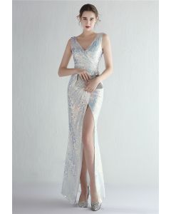 Multi-Color Sequins V-Neck High Slit Gown in White
