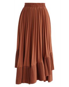 Asymmetric Hem Pleated Midi Skirt in Caramel