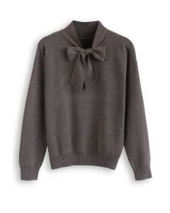 Bow Neck Sleeves Knit Top in Brown