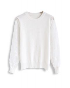 Pearls and Sequins Trim Mesh Sleeves Knit Top in White