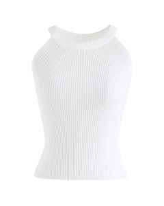 Fitted Ribbed Knit Halter Tank Top in White - Retro, Indie and Unique ...