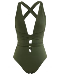 Deep V-Neck Lace-Up One-Piece Swimsuit in Army Green