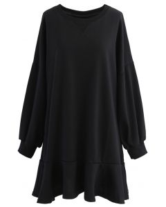 Ruffle Hem Sleeves Shift Mini Dress in Black