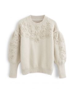 Flowers Stitched Puff Sleeves Knit Sweater