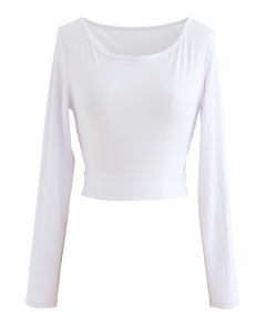Self-Tie Waist Long Sleeves Cropped Sports Top in White