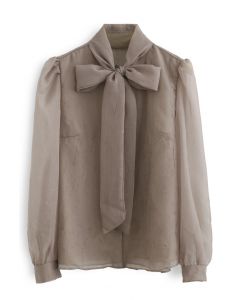 Sheer Bowknot Button Down Shirt in Taupe