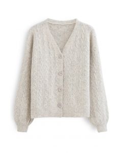 Braid Buttoned Fuzzy Knit Cardigan in Ivory