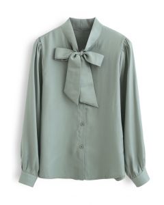 Shimmer Bowknot Button Down Shirt in Teal