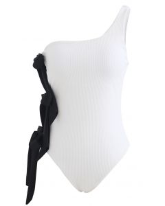 Bowknot Side One-Shoulder Swimsuit in White