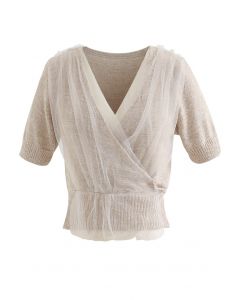 Mesh Overlay Wrap Crop Knit Top in Taupe