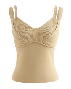 Fake Two-Piece Fitted Knit Tank Top in Light Tan