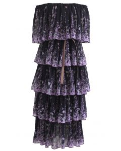 Lavender Printed Pleated Off-Shoulder Tiered Dress in Black