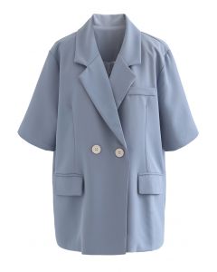 Short Sleeve Double-Breasted Blazer in Dusty Blue