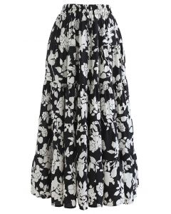 Flowery Sketch Frilling Maxi Skirt in Black