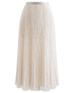 Full Lace Pleated Midi Skirt in Cream