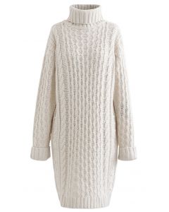 Turtleneck Cable Knit Sweater Dress in Ivory