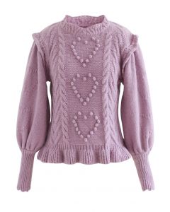 Still My Heart Bubble Sleeves Ruffle Hem Knit Sweater in Lilac