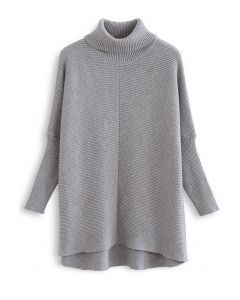 Effortless Chic Turtleneck Batwing Sleeve Hi-Lo Sweater in Grey