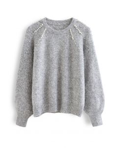 Pearly Shoulder Fuzzy Knit Sweater in Grey
