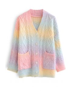 Rainbow Ombre Button Down Cable Knit Cardigan